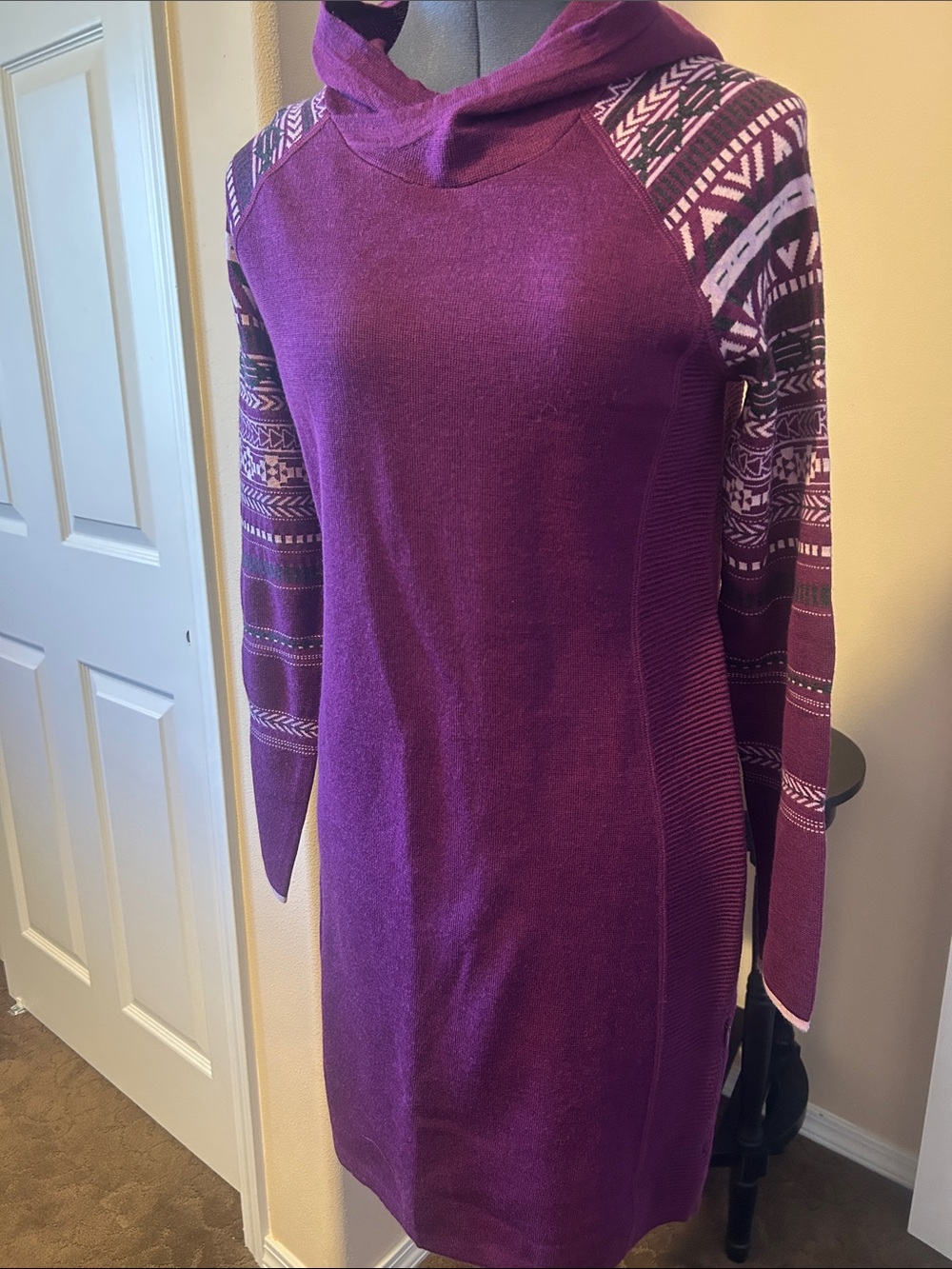 Krimson Klover Purple Hooded Long Sleeve Knit Dress with Patterned Sleeves